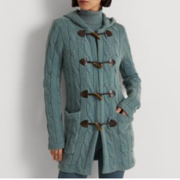 LAUREN RALPH LAUREN Hooded Wool-blend Sweater Coat In Light Teal Heather - Picture 1 of 9